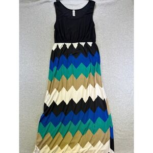 Womens Large Black Chevron Maxi Dress Sleeveless D1276 USA Made.